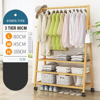 Rail Bamboo Clothes Rack Garment Hanging Stand 3 Tier Storage Shelves Closet 80cm Furniture Kings Warehouse 