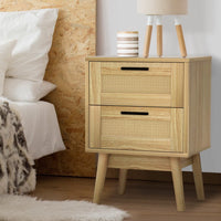 Rattan Bedside Table 2 Drawers Wood - RIE Oak Furniture Kings Warehouse 