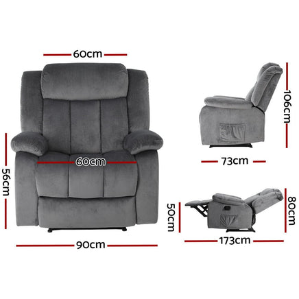 Recliner Chair Electric Massage Chair Velvet Lounge Sofa Heated Grey Furniture Kings Warehouse 