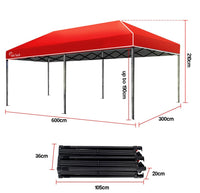 Red Track 3x6m Folding Gazebo Shade Outdoor Red Foldable Marquee Pop-Up Kings Warehouse 