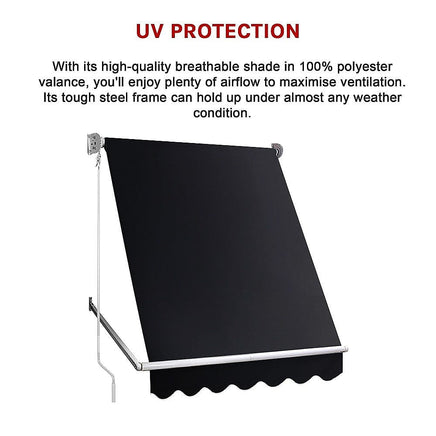 Retractable Fixed Pivot Arm Window Awning Patio Garden Blinds 2.4m x 2.1m Black Home & Garden Kings Warehouse 