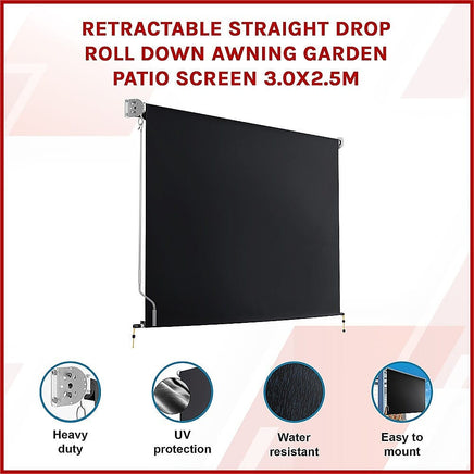 Retractable Straight Drop Roll Down Awning Garden Patio Screen 3.0X2.5M Home & Garden Kings Warehouse 