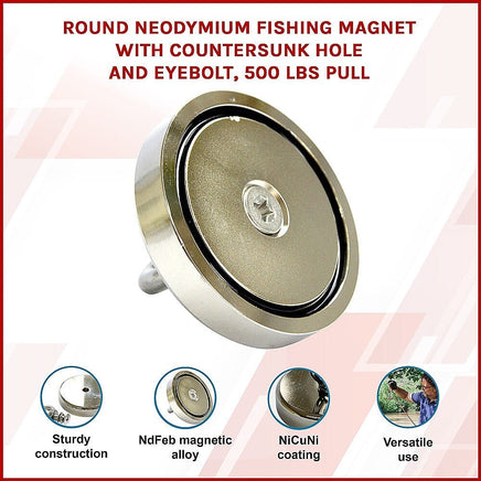 Round Neodymium Fishing Magnet with Countersunk Hole and Eyebolt, 500 LBS pull Gift & Novelty Kings Warehouse 