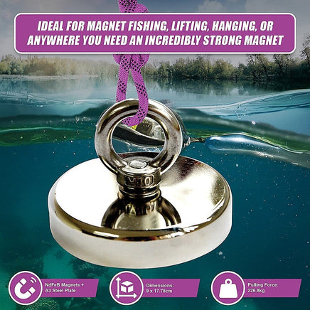 Round Neodymium Fishing Magnet with Countersunk Hole and Eyebolt, 500 LBS pull Gift & Novelty Kings Warehouse 