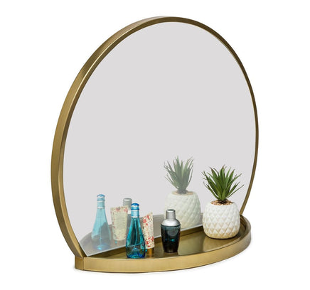 Round Table Wall Mirror with Shelf Storage in Brass Finish Home & Garden Kings Warehouse 