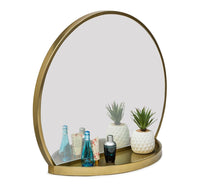 Round Table Wall Mirror with Shelf Storage in Brass Finish Kings Warehouse 