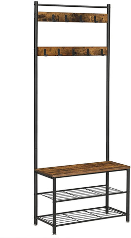 Rustic Brown Coat Rack Stand with Hallway Shoe Rack and Bench with Shelves Matte Metal Frame Height 175 cm Furniture Kings Warehouse 