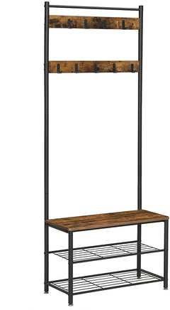 Rustic Brown Coat Rack Stand with Hallway Shoe Rack and Bench with Shelves Matte Metal Frame Height 175 cm Furniture Kings Warehouse 