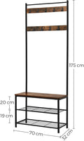 Rustic Brown Coat Rack Stand with Hallway Shoe Rack and Bench with Shelves Matte Metal Frame Height 175 cm Furniture Kings Warehouse 