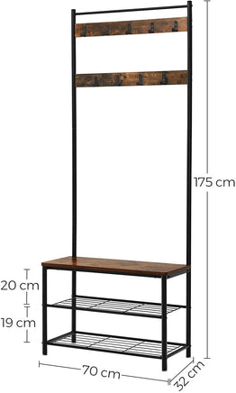 Rustic Brown Coat Rack Stand with Hallway Shoe Rack and Bench with Shelves Matte Metal Frame Height 175 cm Furniture Kings Warehouse 