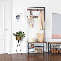 Rustic Brown Coat Rack Stand with Hallway Shoe Rack and Bench with Shelves Matte Metal Frame Height 175 cm Furniture Kings Warehouse 