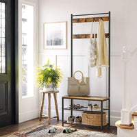 Rustic Brown Coat Rack Stand with Hallway Shoe Rack and Bench with Shelves Matte Metal Frame Height 175 cm Furniture Kings Warehouse 
