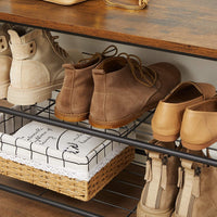 Rustic Brown Coat Rack Stand with Hallway Shoe Rack and Bench with Shelves Matte Metal Frame Height 175 cm Furniture Kings Warehouse 