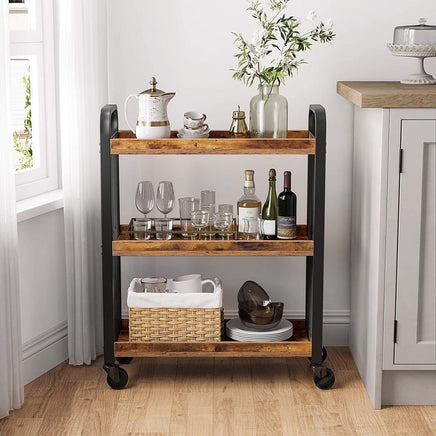 Rustic Brown Kitchen Trolley Rolling Cart with Steel Structure (66 x 26 x 85 cm) Furniture Kings Warehouse 