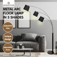 Sarantino 3-Light Arc Floor Lamp Adjustable Black 3 Shades Kings Warehouse 