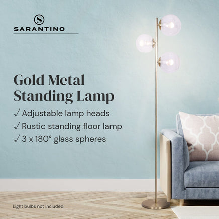 Sarantino 3-Light Gold Metal Floor Lamp with Glass Shades Kings Warehouse 
