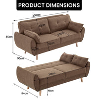 Sarantino 3 Seater Modular Linen Fabric Sofa Bed Couch Futon Suite - Brown Kings Warehouse 