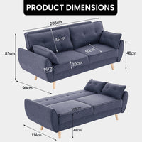 Sarantino 3 Seater Modular Linen Fabric Sofa Bed Couch Futon Suite - Dark Grey Kings Warehouse 