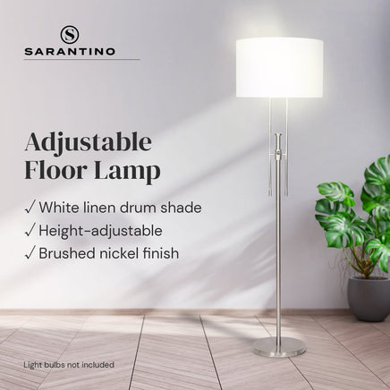 Sarantino Brushed Nickel Height-Adjustable Metal Floor Lamp Kings Warehouse 