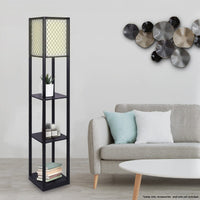 Sarantino Etagere Floor Lamp Diamond Look Fabric Shade Shelves Black Kings Warehouse 