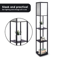Sarantino Etagere Floor Lamp Shelves in Black Frame Fabric Shade Kings Warehouse 