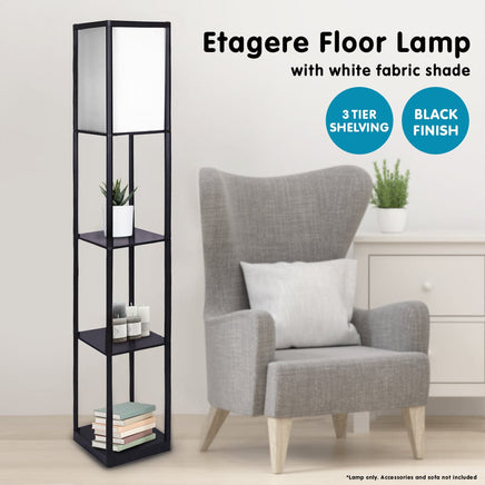 Sarantino Etagere Floor Lamp Shelves in Black Frame Fabric Shade Kings Warehouse 