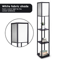 Sarantino Etagere Floor Lamp Shelves in Black Frame Fabric Shade Kings Warehouse 