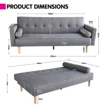 Sarantino Madison Sofa Bed Lounge Couch Futon Furniture Home Light Grey Linen Suite Kings Warehouse 