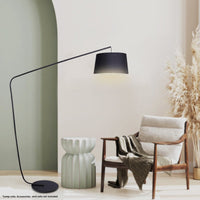 Sarantino Metal Arc Floor Lamp in Black Finish with Linen Taper Shade Kings Warehouse 