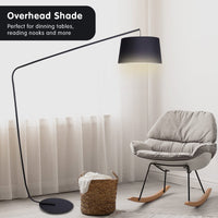 Sarantino Metal Arc Floor Lamp in Black Finish with Linen Taper Shade Kings Warehouse 