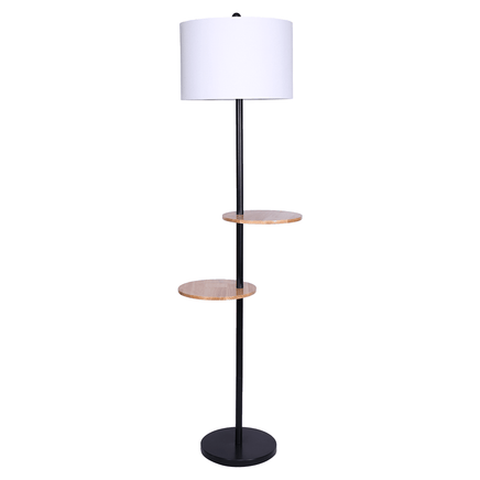 Sarantino Metal Floor Lamp Shade with Black Post in Round Wood Shelves Kings Warehouse 