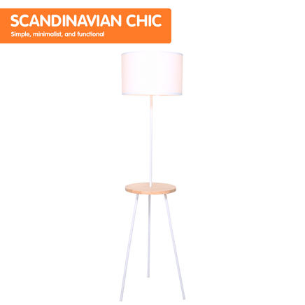 Sarantino Metal Tripod Floor Lamp Shade with Wooden Table Shelf Kings Warehouse 