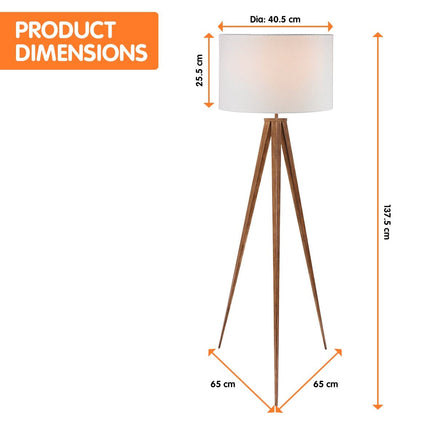 Sarantino Metal Tripod Floor Spot Lamp Shade Drum in Wooden Finish Kings Warehouse 