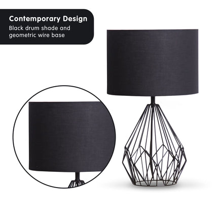 Sarantino Metal Wire Table Lamp in Black Finish With Black Drum Shade Kings Warehouse 