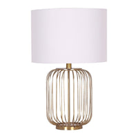 Sarantino Rose Gold Table Lamp with Linen Drum Shade Kings Warehouse 