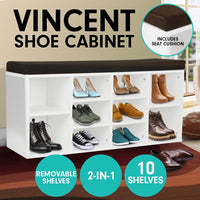 Sarantino Shoe Rack Cabinet Organiser Brown Cushion Bench Stool - 104 X 30 X 45 - White Kings Warehouse 