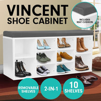 Sarantino Shoe Rack Cabinet Organiser Grey Cushion Sttol Bench Ottoman - 104 X 30 X 45 - White Kings Warehouse 