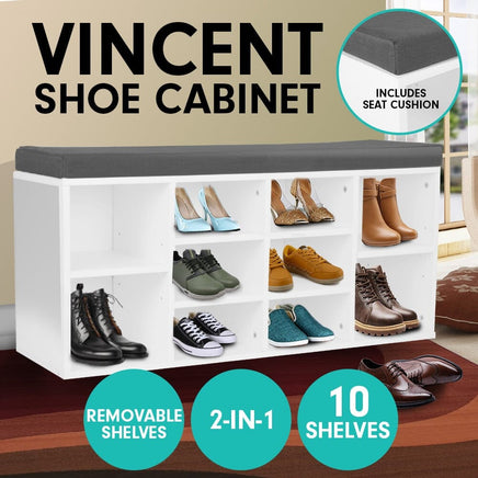 Sarantino Shoe Rack Cabinet Organiser Grey Cushion Sttol Bench Ottoman - 104 X 30 X 45 - White Kings Warehouse 