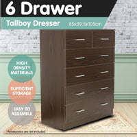 Sarantino Tallboy Dresser 6 Chest Of Drawers Cabinet 85 X 39.5 X 105 - Brown Kings Warehouse 