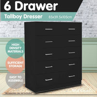 Sarantino Tallboy Dresser 6 Chest Of Drawers Table Cabinet Bedroom Storage Black Kings Warehouse 