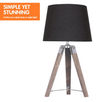 Sarantino Wooden Tripod Table Lamp With Black Taper Fabric Shade Kings Warehouse 