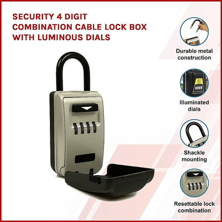 Security 4 Digit Combination Cable Lock Box With Luminous Dials Tools Kings Warehouse 