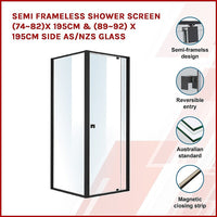 Semi Frameless Shower Screen (74~82)x 195cm & (89~92)x 195cm Side AS/NZS Glass Kings Warehouse 