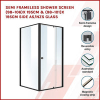 Semi Frameless Shower Screen (98~106)x 195cm & (98~101)x 195cm Side AS/NZS Glass Kings Warehouse 