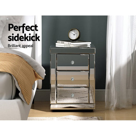 Set of 2 Bedside Table 3 Drawers Mirrored Glass - PRESIA Silver Furniture Kings Warehouse 