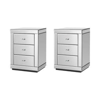 Set of 2 Bedside Table 3 Drawers Mirrored Glass - PRESIA Silver Furniture Kings Warehouse 