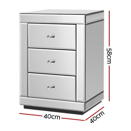 Set of 2 Bedside Table 3 Drawers Mirrored Glass - PRESIA Silver Furniture Kings Warehouse 