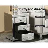 Set of 2 Bedside Table 3 Drawers Mirrored Glass - PRESIA Silver Furniture Kings Warehouse 