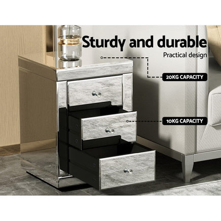 Set of 2 Bedside Table 3 Drawers Mirrored Glass - PRESIA Silver Furniture Kings Warehouse 