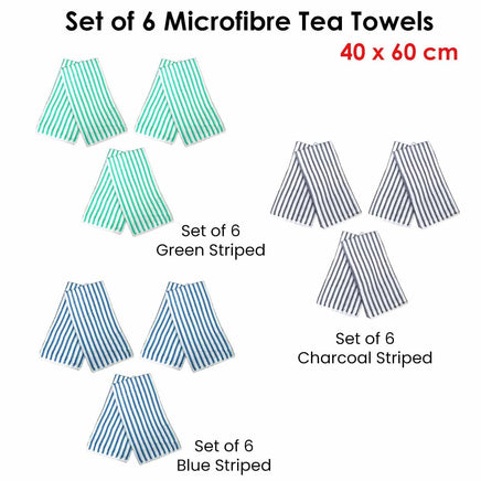 Set of 6 Microfibre Striped Tea Towels Green Home & Garden Kings Warehouse 
